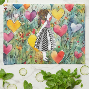 Linge De Cuisine Aquarelle Coeurs et petite fille 1/2 Plier