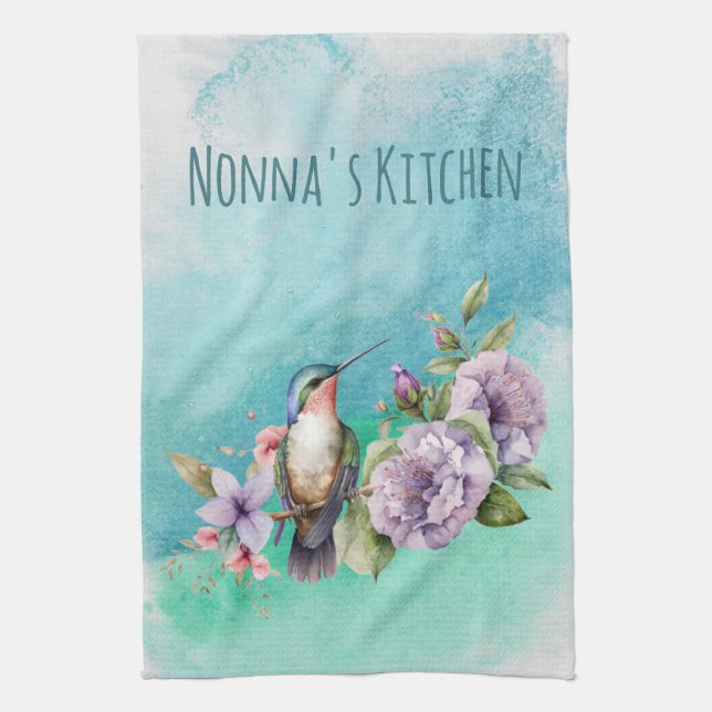 Linge De Cuisine Aquarelle Colibri et fleurs Personnalisé (Vertical)