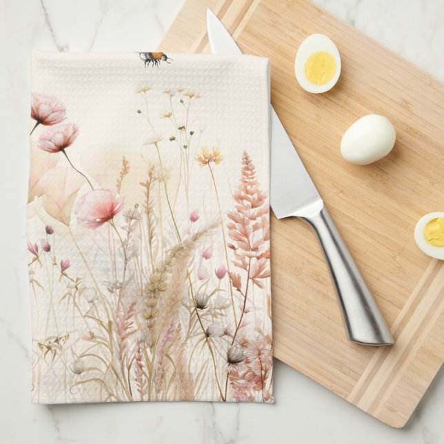 Linge De Cuisine Aquarelle crème beige fleur sauvage rose boho (Quart Plié)