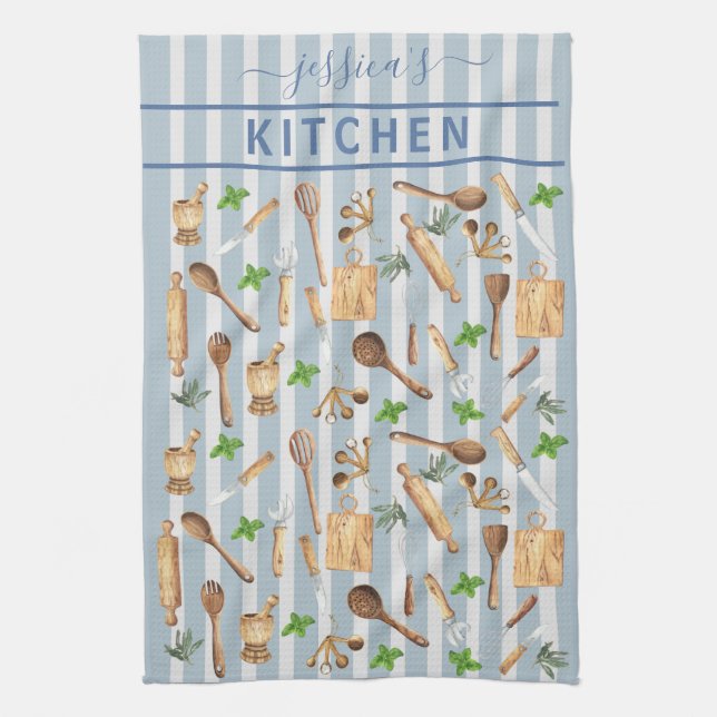Linge De Cuisine Aquarelle Cuisine Monogramme Ustensiles Moderne Bl (Vertical)