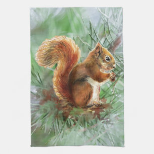 Linge De Cuisine Aquarelle Cute Écureuil Rouge Animal Nature Art