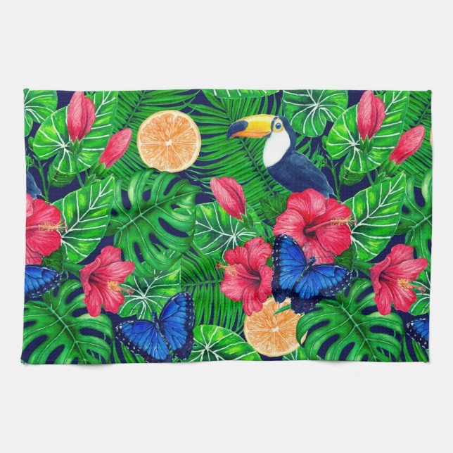 Linge De Cuisine Aquarelle de jardin toucan et tropical (Horizontal)