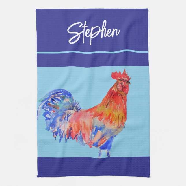 Linge De Cuisine Aquarelle de poulet de coq Mens bleu marine (Vertical)