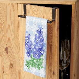 Linge De Cuisine Aquarelle Delphinium Bleu Profond Gingham Bleu Cla
