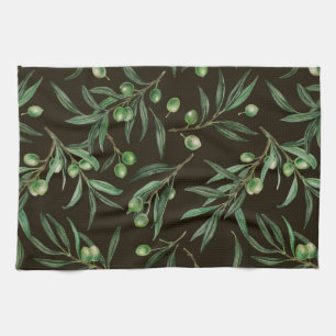Linge De Cuisine Aquarelle des branches d'olive en noir