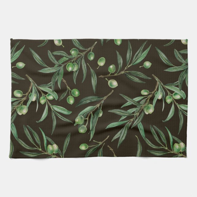Linge De Cuisine Aquarelle des branches d'olive en noir (Horizontal)