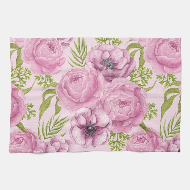 Linge De Cuisine Aquarelle des fleurs de pivoine et d'anémone (Horizontal)