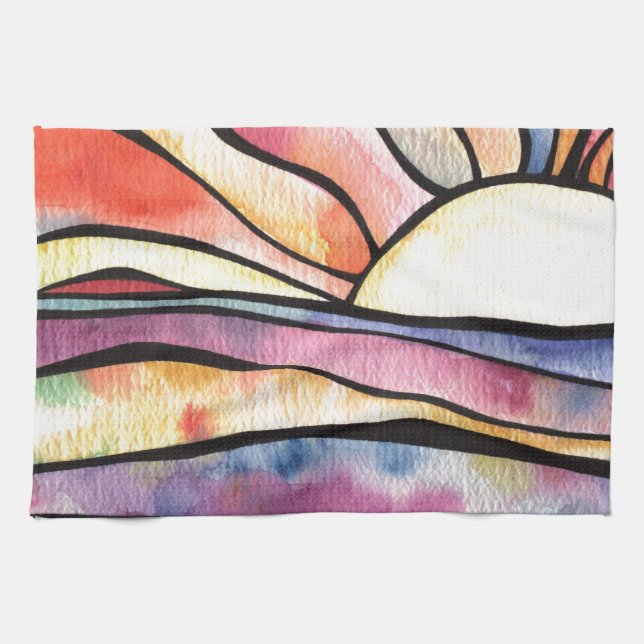 Linge De Cuisine Aquarelle du coucher de soleil (Horizontal)