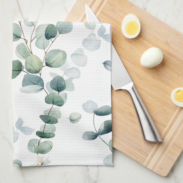 Linge De Cuisine Aquarelle eucalyptus feuilles (Quart Plié)