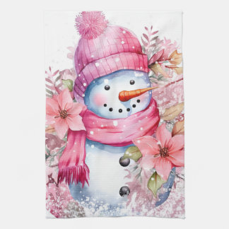 Linge De Cuisine Aquarelle festive bonhomme de neige rose de Noël