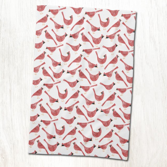 Linge De Cuisine Aquarelle Festive Cardinal Bird (Fun red watercolor festive Cardinal bird pattern Christmas Holidays kitchen towel)