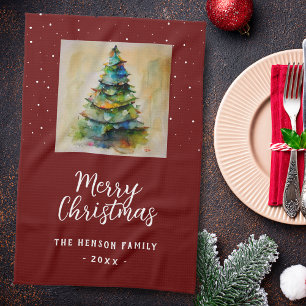 Linge De Cuisine Aquarelle festive Joyeux Arbre de Noël Artistique