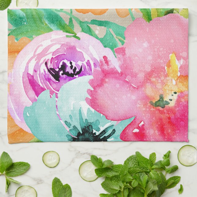 Linge De Cuisine Aquarelle fleurie de printemps brillante moderne (Plié)