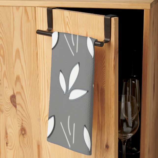Linge De Cuisine Aquarelle Fleurs blanches Gris floral (Pliage en tiers)
