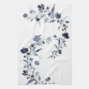 Linge De Cuisine Aquarelle florale bleu marine