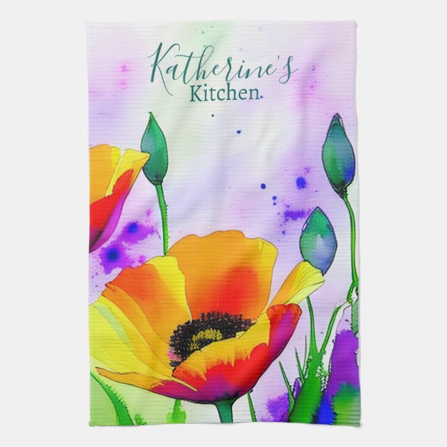 Linge De Cuisine Aquarelle Florale Californie Pépites Orange Jaune (Vertical)
