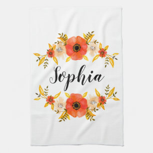 Linge De Cuisine Aquarelle florale Coral Wreath Texte personnalisé