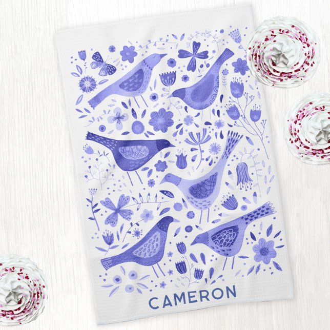 Linge De Cuisine Aquarelle florale Fleur sauvage et ornithologique  (Personalized custom name watercolor bird and wild flower art kitchen tea towel in blue and white)