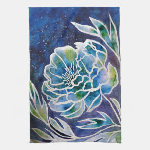 Linge De Cuisine Aquarelle florale Turquoise bleu Dahlia Navy