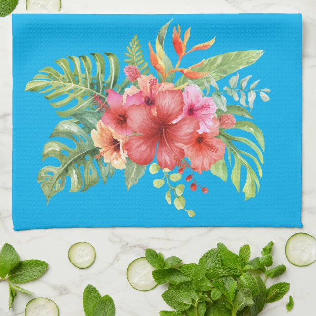 Linge De Cuisine Aquarelle Hibiscus tropicaux Fleurs (Plié)