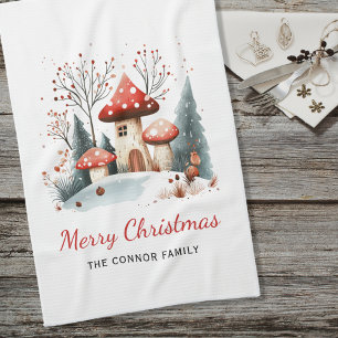 Linge De Cuisine Aquarelle Hiver Bois Joyeux Noël Famille