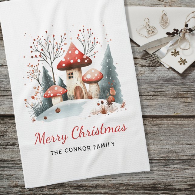 Linge De Cuisine Aquarelle Hiver Bois Joyeux Noël Famille (Créateur téléchargé)
