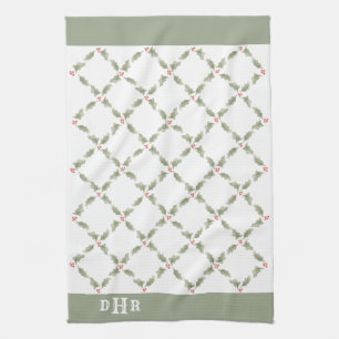 Linge De Cuisine Aquarelle Holly Monogramme Noël Rouge Vert