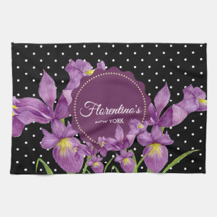 Linge De Cuisine Aquarelle Iris Violet Points noirs et blancs