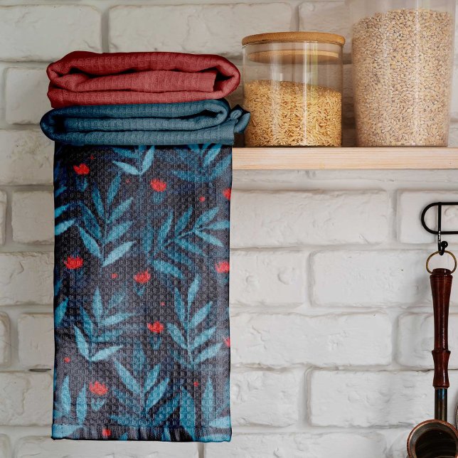 Linge De Cuisine Aquarelle jardin nocturne - turquoise, bleu et rou (Créateur téléchargé)