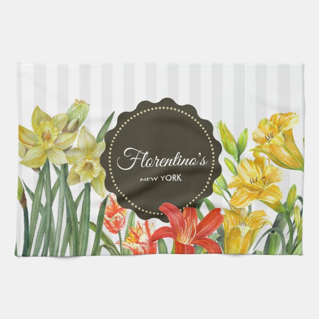 Linge De Cuisine Aquarelle Jaune Orange Fleurs de printemps Design (Horizontal)