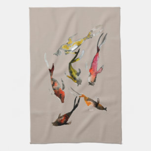 Linge De Cuisine Aquarelle koi poisson rouge brun or