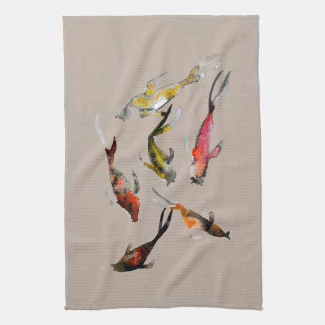 Linge De Cuisine Aquarelle koi poisson rouge brun or (Vertical)