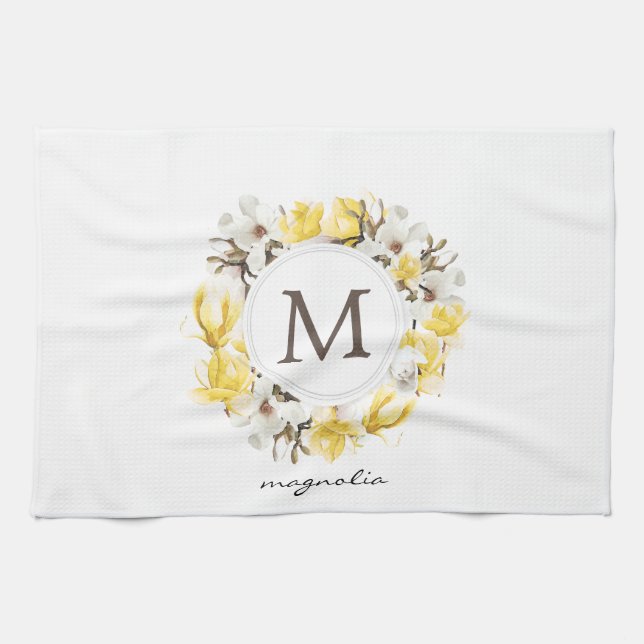 Linge De Cuisine Aquarelle Magnolia jaune Monogramme de couronne (Horizontal)