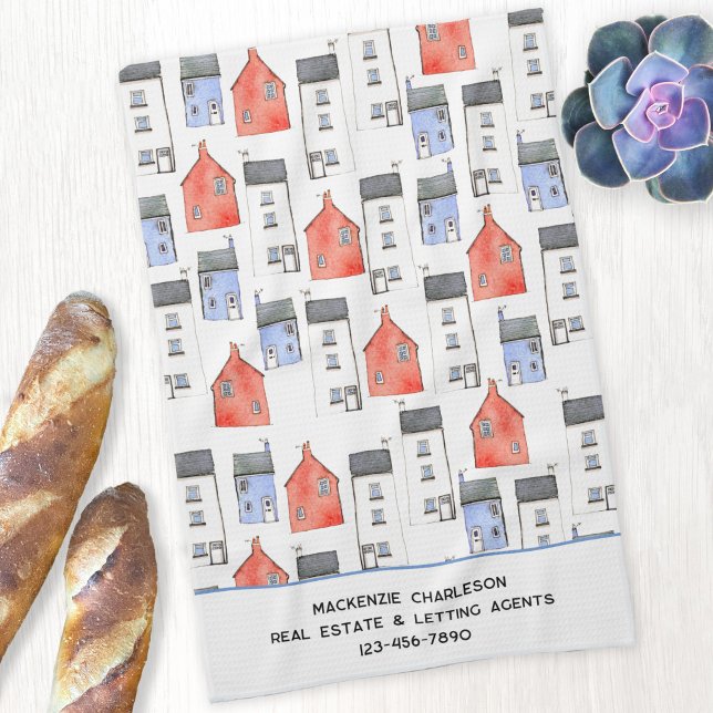 Linge De Cuisine Aquarelle Maison Art immobilier agent de location (Watercolor house art pattern custom text real estate letting agent kitchen towel housewarming gift)