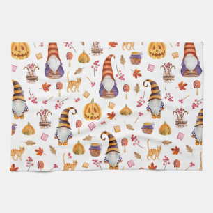Linge De Cuisine Aquarelle mignonne Halloween Gnomes, Citrouille et