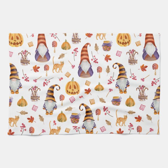 Linge De Cuisine Aquarelle mignonne Halloween Gnomes, Citrouille et (Horizontal)