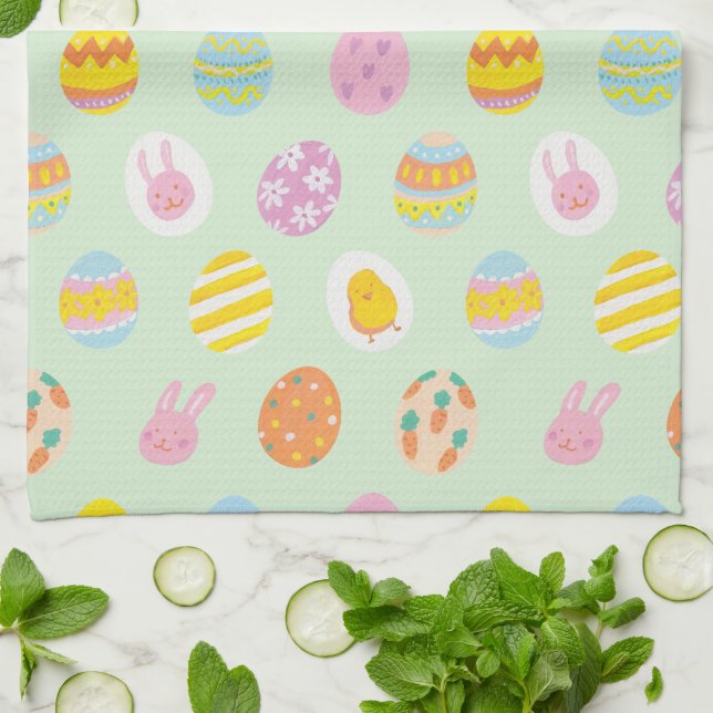Linge De Cuisine Aquarelle mignonne Oeuf Peint de Pâques Motif vert (Plié)