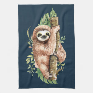 Linge De Cuisine Aquarelle mignonne Sloth & Feuilles tropicaux