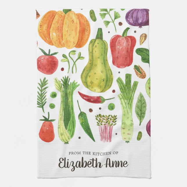Linge De Cuisine Aquarelle moderne Légumes Légume Nom du script (Vertical)