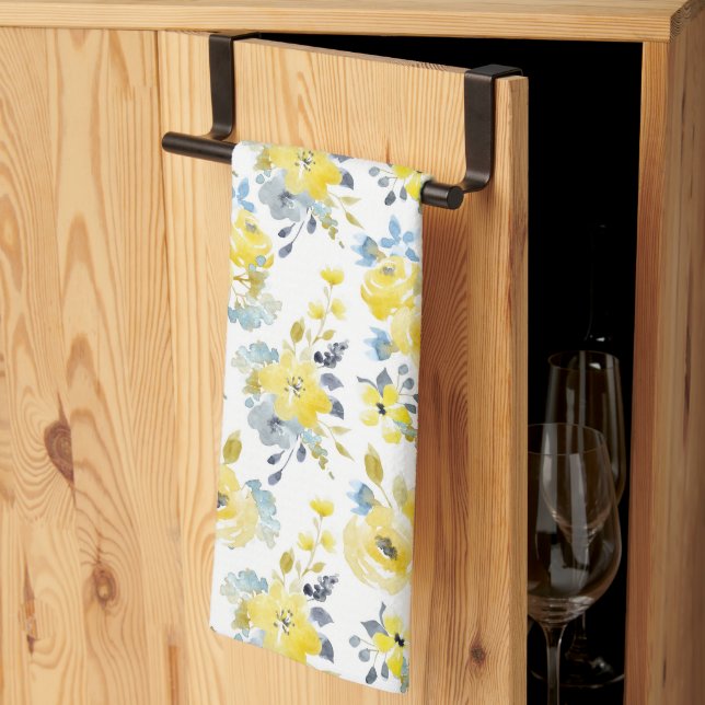 Linge De Cuisine Aquarelle Motif Floral Jaune (Pliage en tiers)