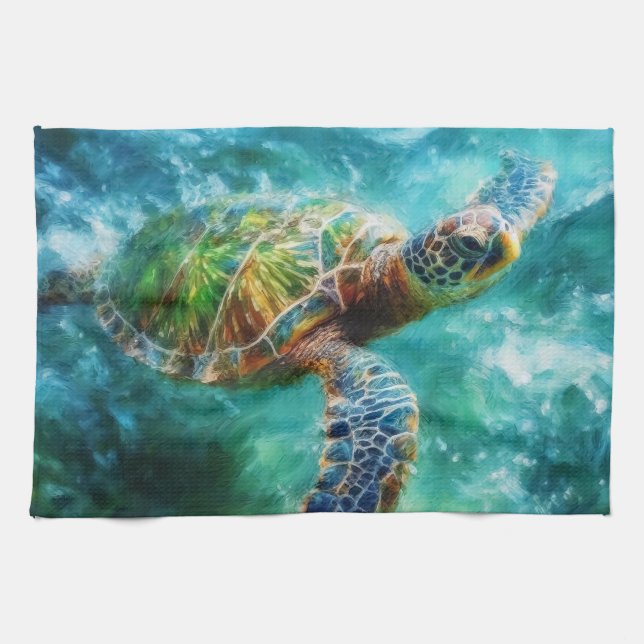 Linge De Cuisine Aquarelle Natation Tortue de mer (Horizontal)
