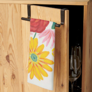 Linge De Cuisine Aquarelle Nature Rouge Rose Jaune Daisy Floral