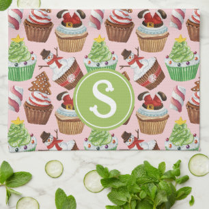 Linge De Cuisine Aquarelle Noël Cupcakes Monogramme