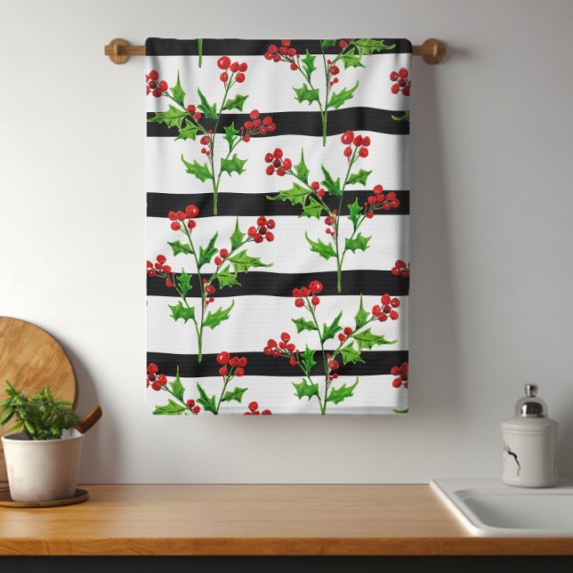 Linge De Cuisine Aquarelle Noël Holly Moderne Motif (Créateur téléchargé)