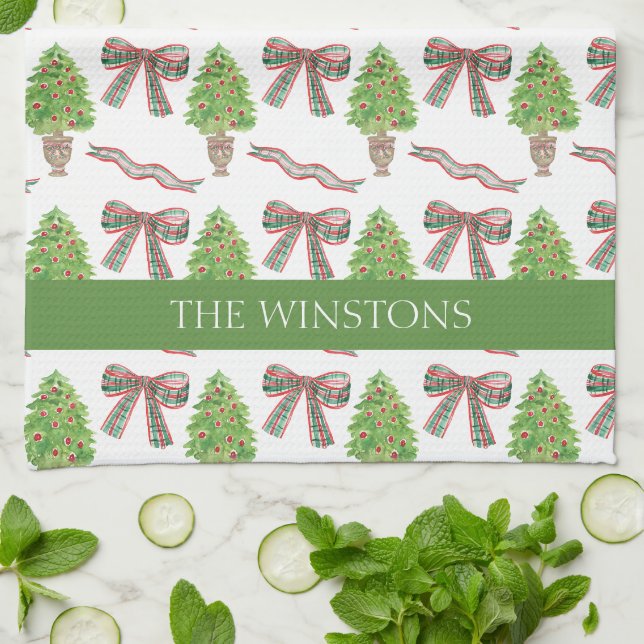 Linge De Cuisine Aquarelle Noël Plaid Bow & Topiary (Plié)
