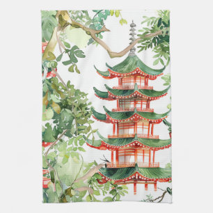 Linge De Cuisine Aquarelle Pagode asiatique dans paysage verdoyant 