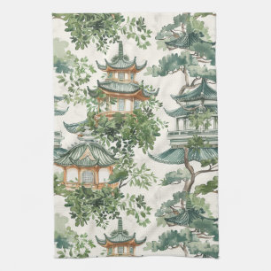 Linge De Cuisine Aquarelle Pagode asiatique dans paysage verdoyant
