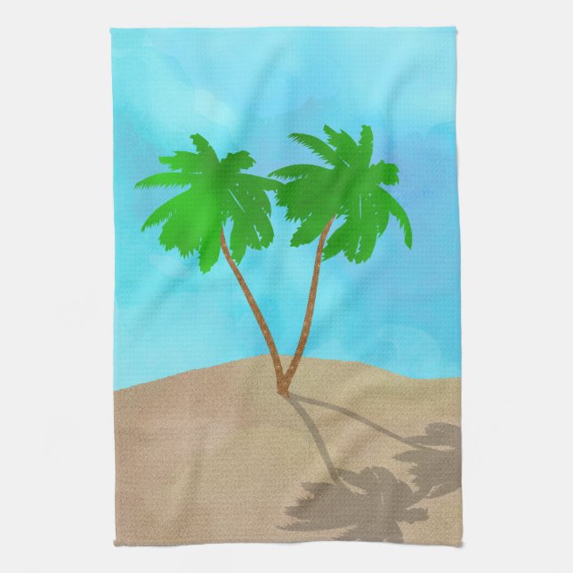 Linge De Cuisine Aquarelle Palm Tree Beach Scene Collage (Vertical)