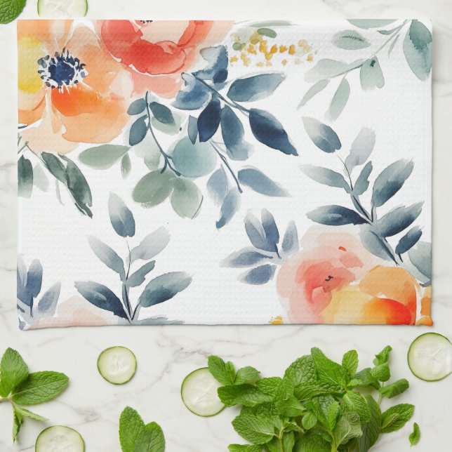 Linge De Cuisine Aquarelle Perdue Blooms Élégant (Plié)