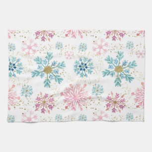 Linge De Cuisine Aquarelle Pink, Bleu & Or Flammes de neige d'hiver